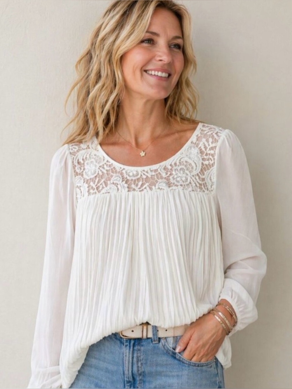 Sundance Ivory Cream Guinevere Lace Accordian Pleat Top Blouse Medium Romantic